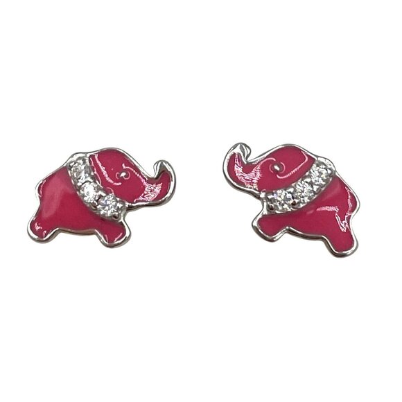 Pink Silver Elephant Stud Earrings Rhinestone Detail Enamel 925 - Picture 1 of 3